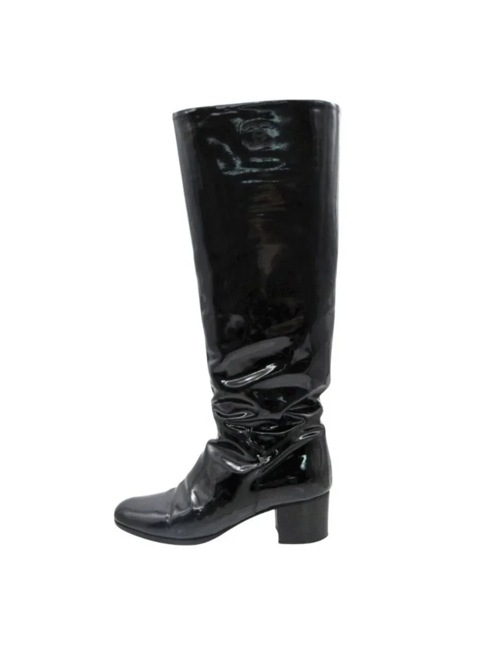 Chanel Boots Long Enamel Patent Leather CC Logo Shoes Black